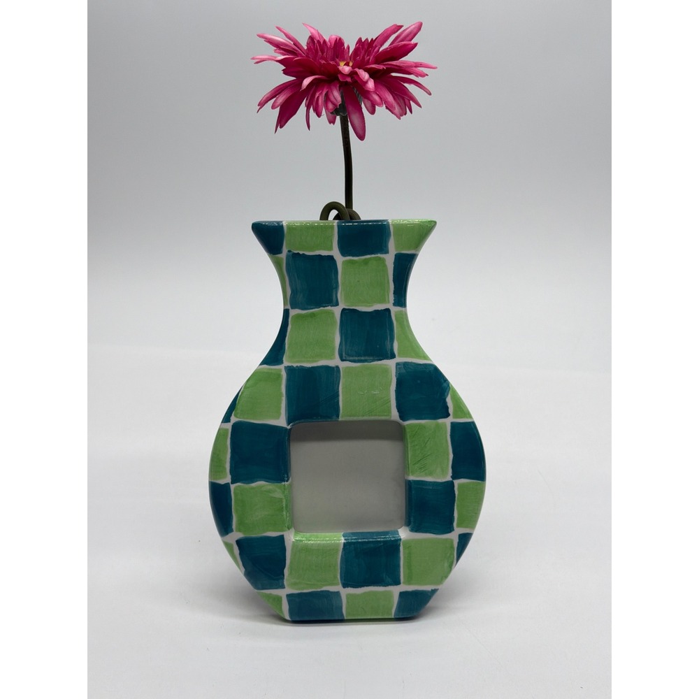 Vintage 1996 Terragrafics Ceramic Vase Photo Frame Checkered Teal Green Retro